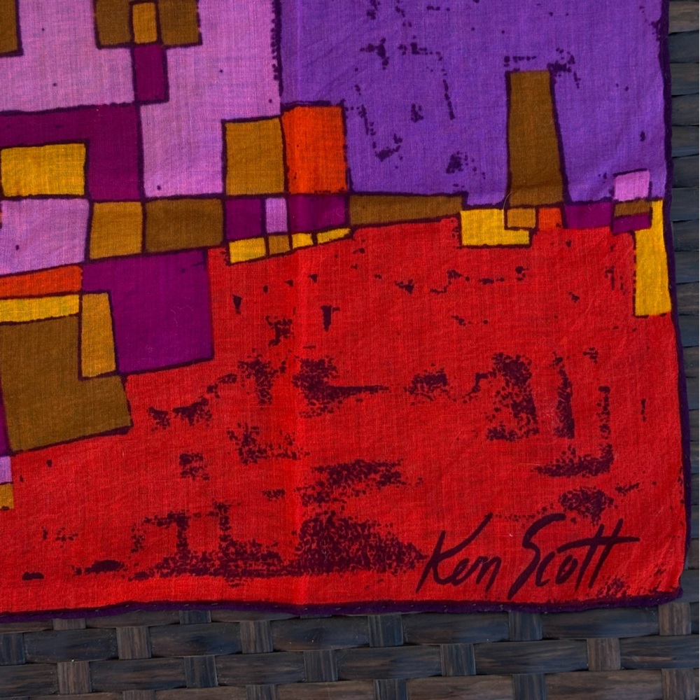 KEN SCOTT vintage red and purple graphic design square cotton neckerchief
